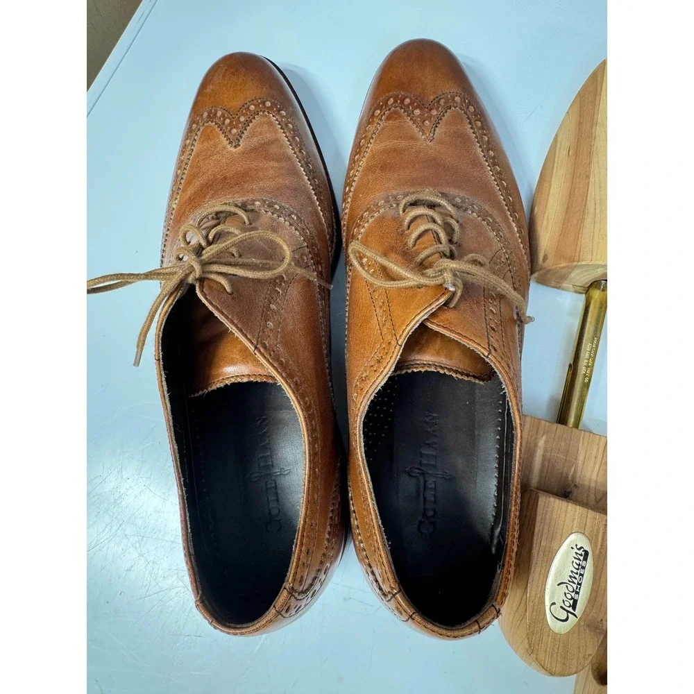 Cole Haan Mens British Tan Leather Wingtip Oxford Dress Shoes Nike Air 11.5
